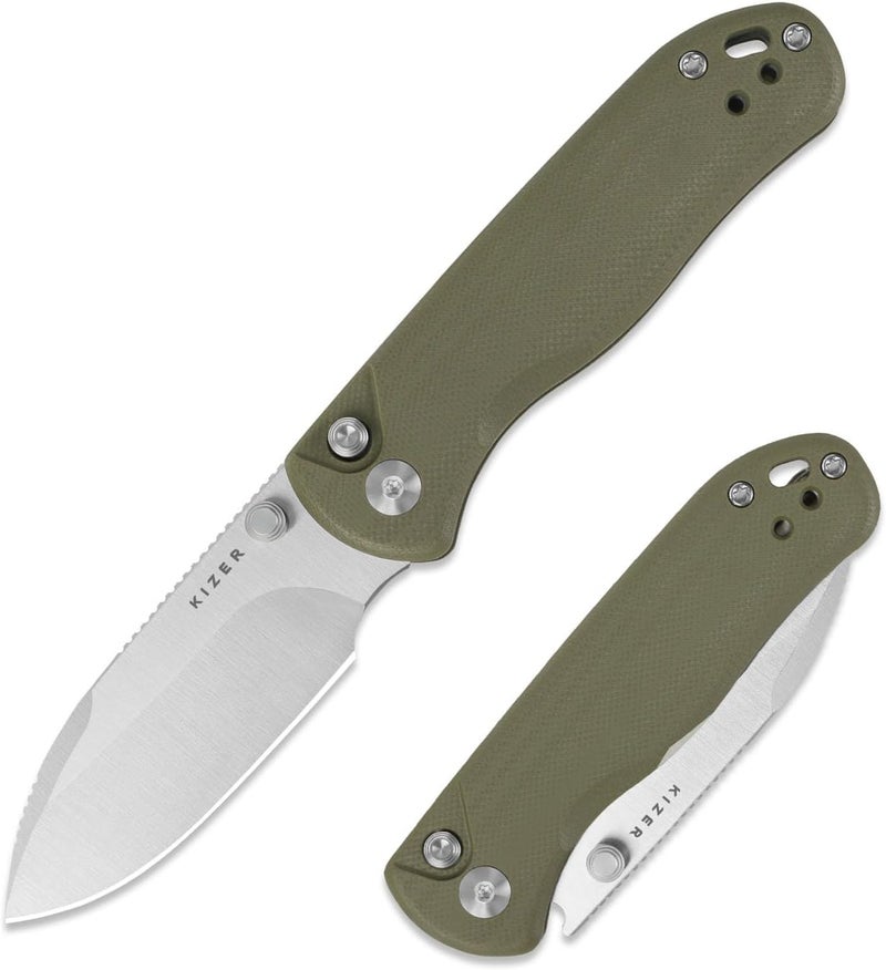 KIZER Drop Bear 2 Pocket Knife, 2.92" AEB-L Drop Point Blade Folding Knife with Olive Green G10 Handle, Button Liner Lock EDC Knives with Jimping on Spine for Men Women V3619.2CD2 - Image 1